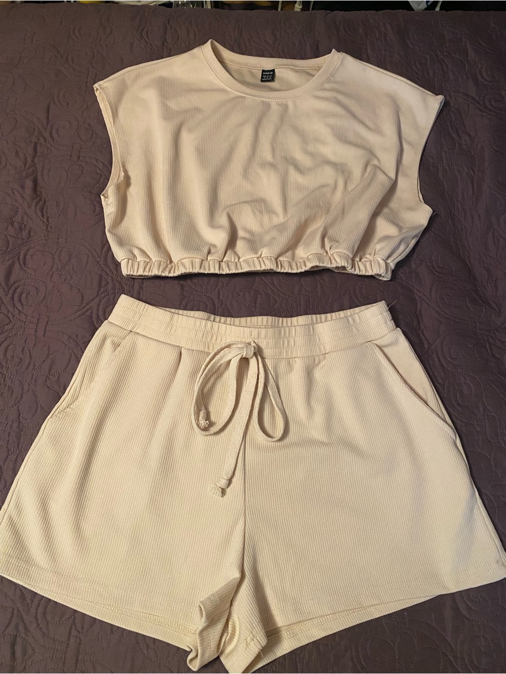SHEIN Cream Ribbed Drawstring Shorts Set